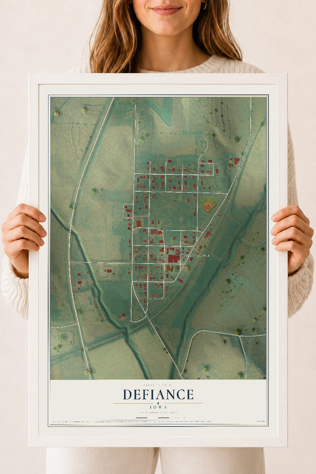 Map of Defiance, Iowa, 18 x 24 inch print in a white wood frame