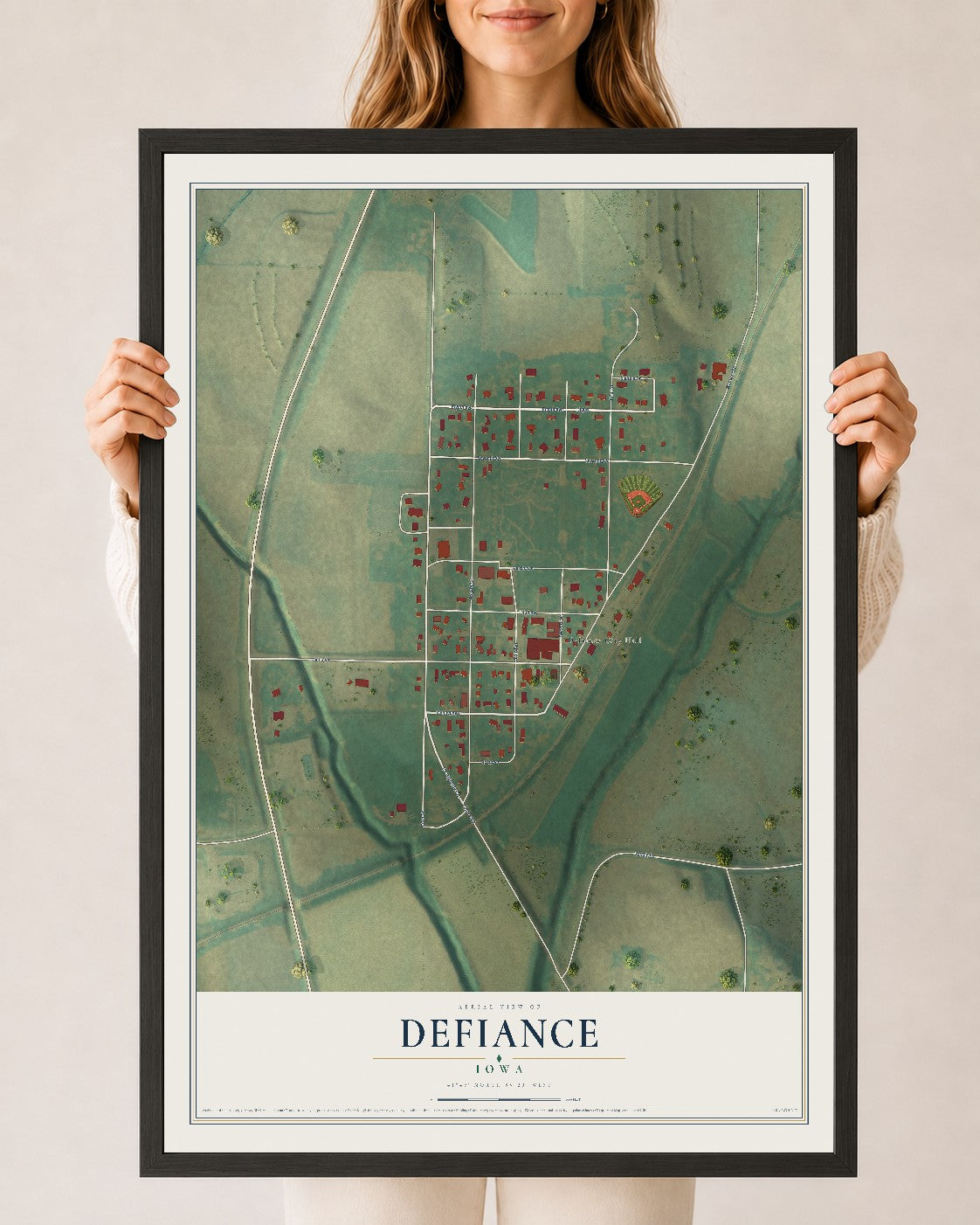 Map of Defiance, Iowa, 24 x 36 inch print in a black wood frame