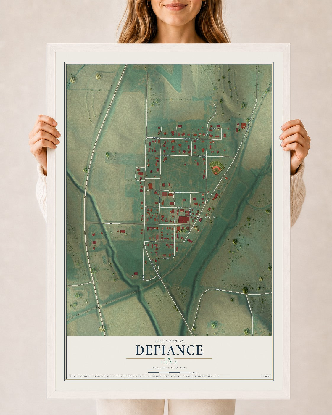 Map of Defiance, Iowa, 24 x 36 inch print in a white wood frame