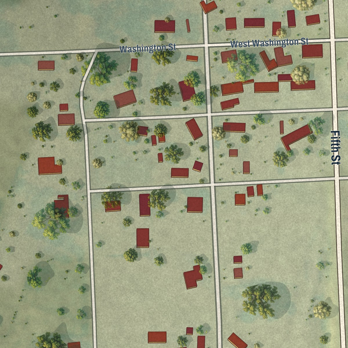 Close-up of the map of Delaware, Iowa print showing street and building detail