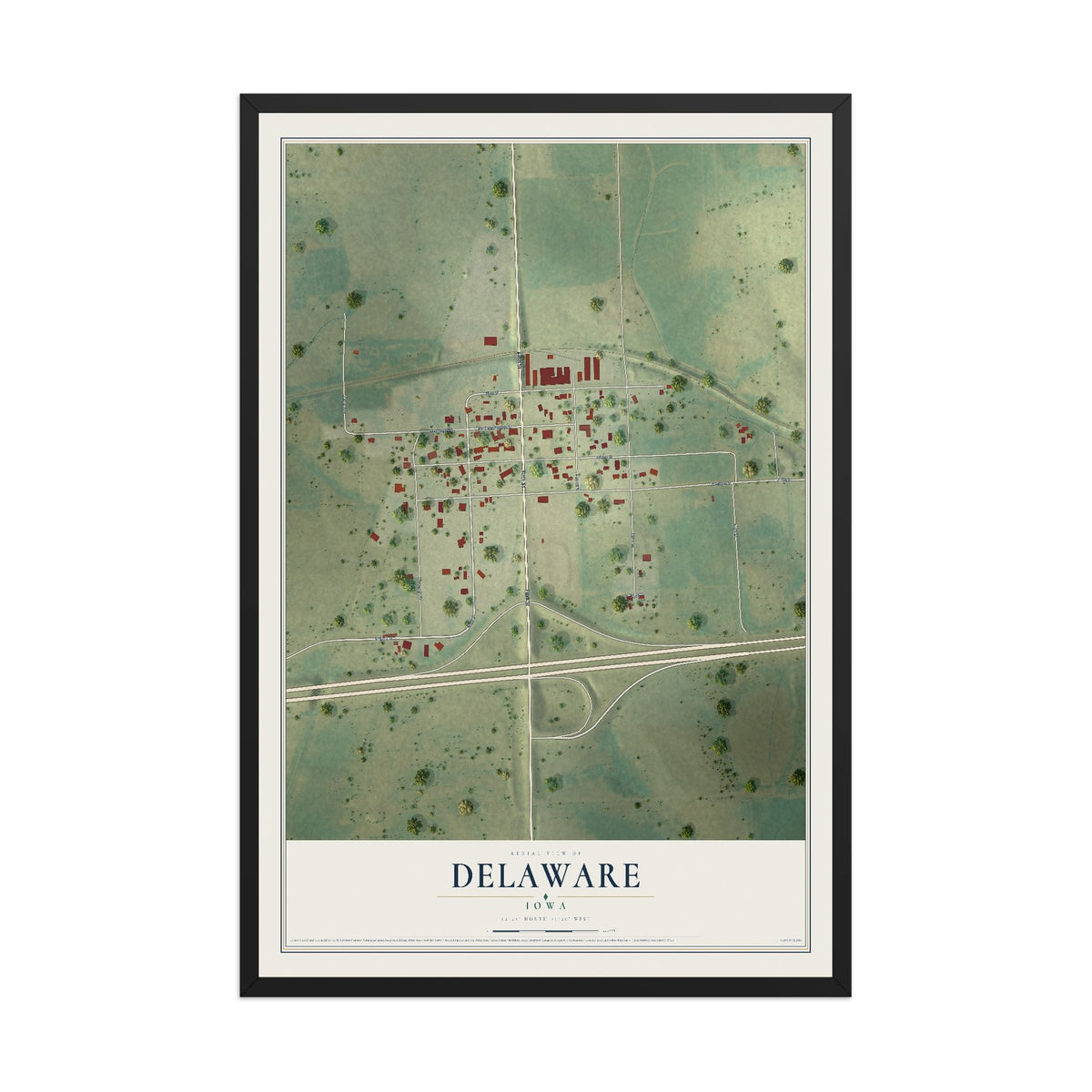 Map of Delaware, Iowa, 12 x 18 inch print in a black wood frame