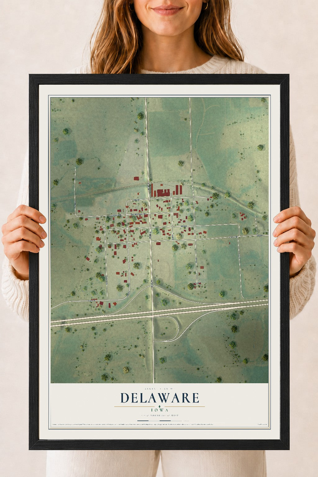 Map of Delaware, Iowa, 18 x 24 inch print in a black wood frame