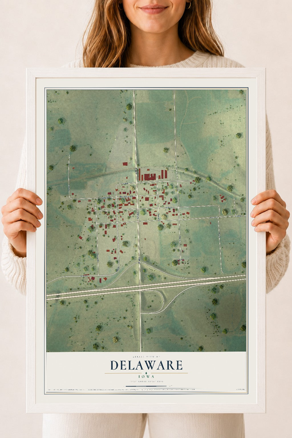 Map of Delaware, Iowa, 18 x 24 inch print in a white wood frame