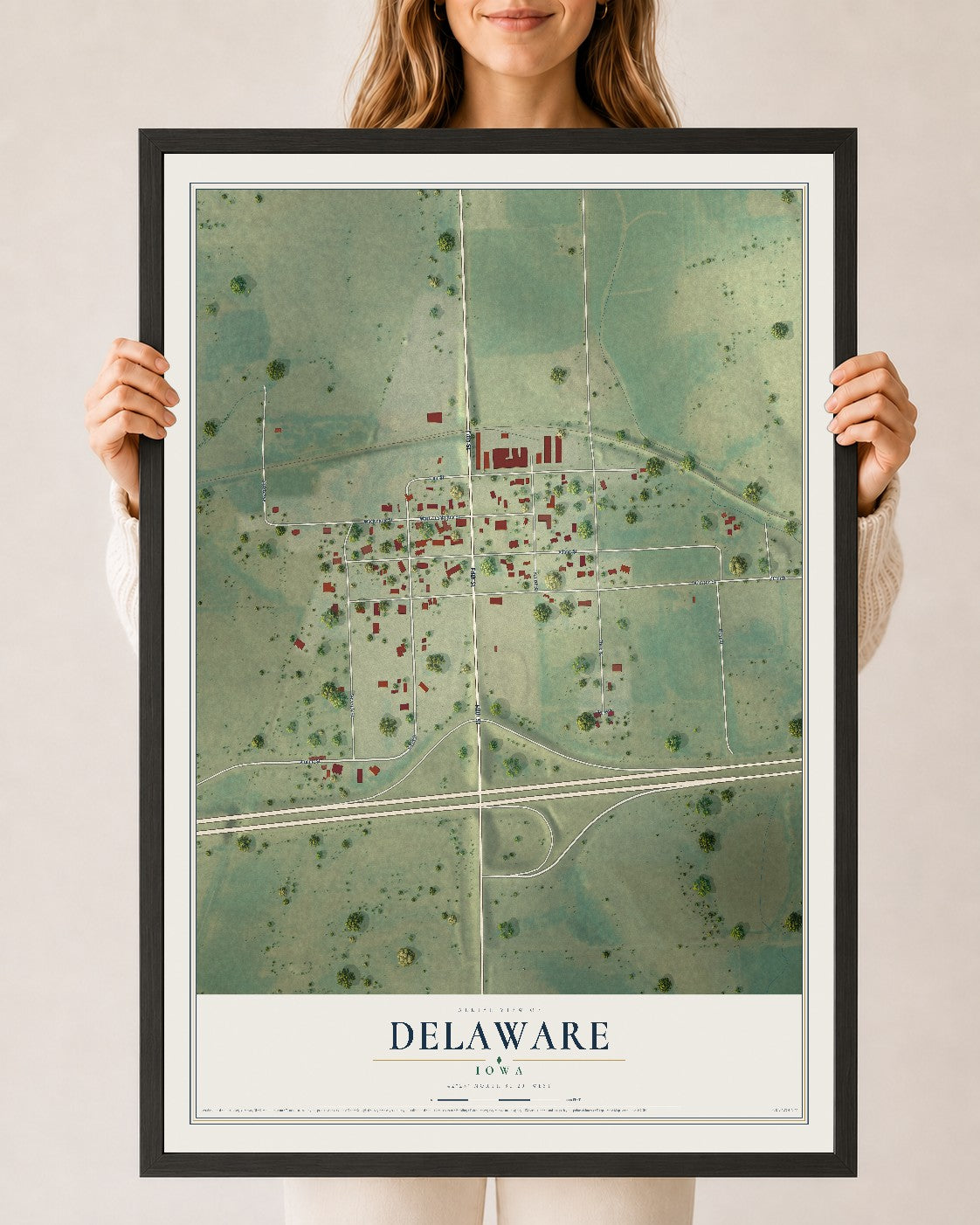 Map of Delaware, Iowa, 24 x 36 inch print in a black wood frame