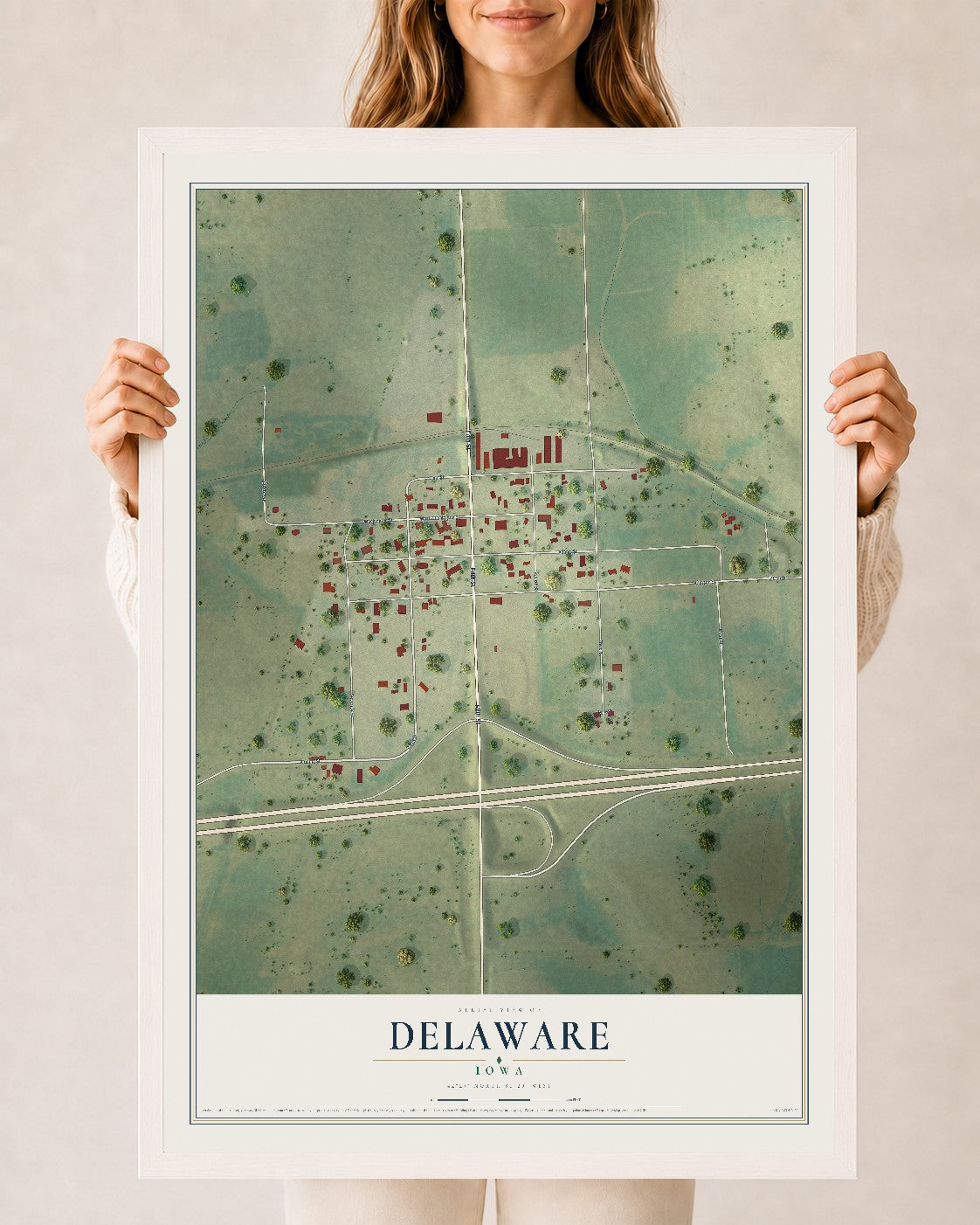 Map of Delaware, Iowa, 24 x 36 inch print in a white wood frame