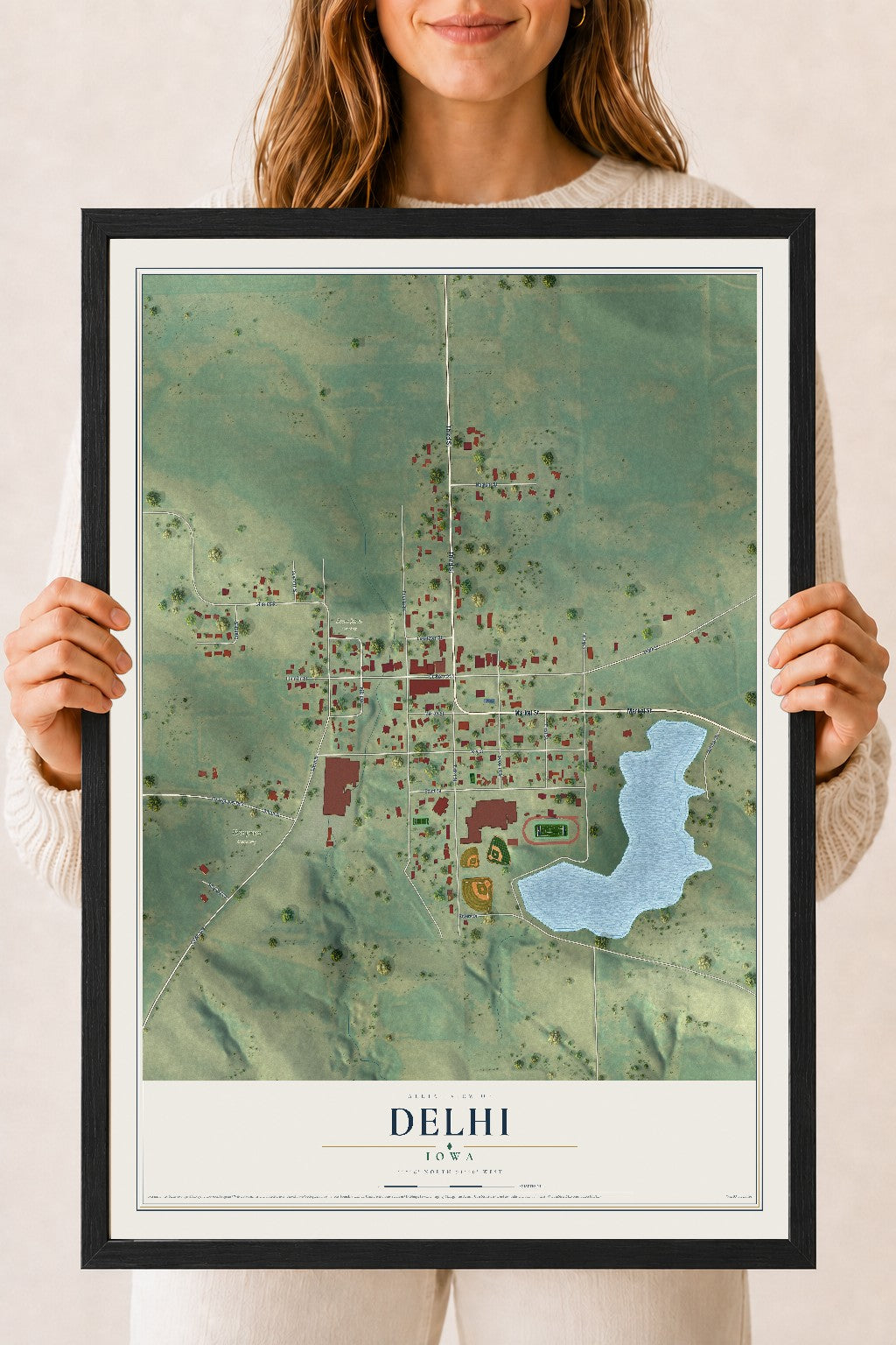 Map of Delhi, Iowa, 18 x 24 inch print in a black wood frame