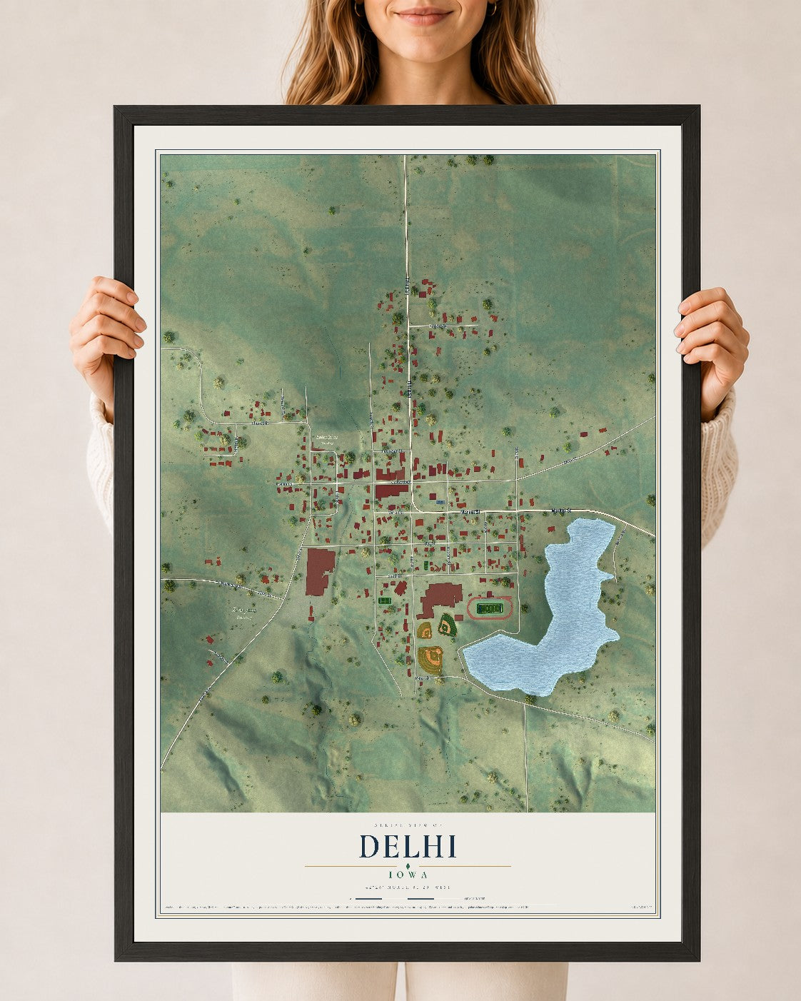 Map of Delhi, Iowa, 24 x 36 inch print in a black wood frame