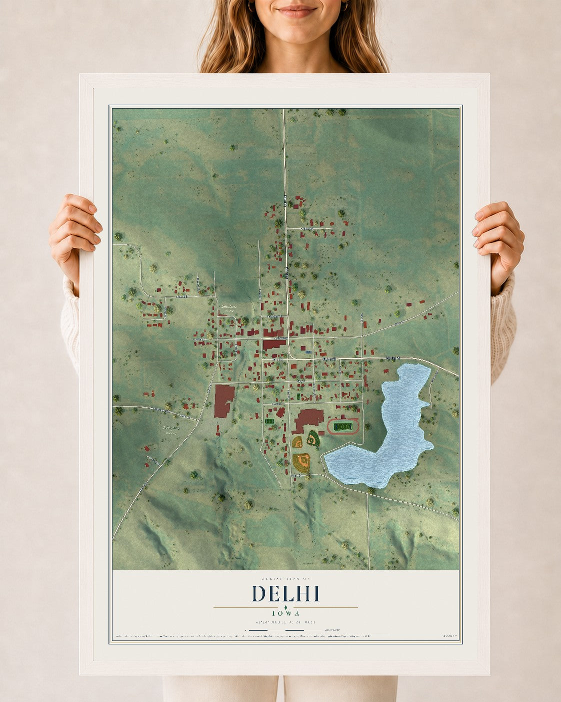 Map of Delhi, Iowa, 24 x 36 inch print in a white wood frame