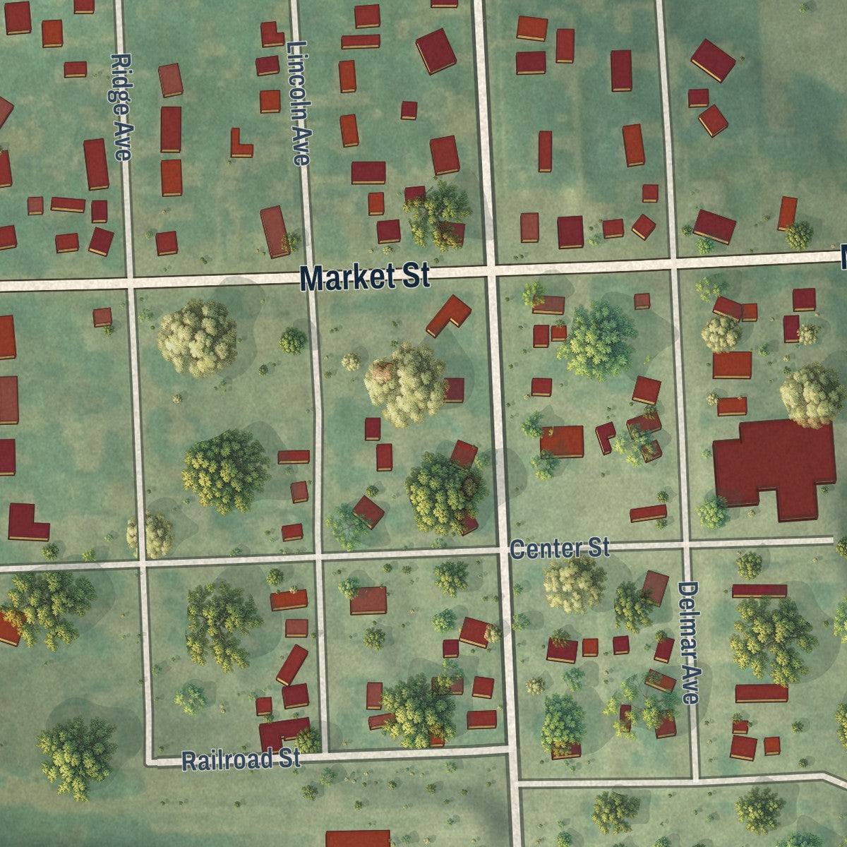 Close-up of the map of Delmar, Iowa print showing street and building detail