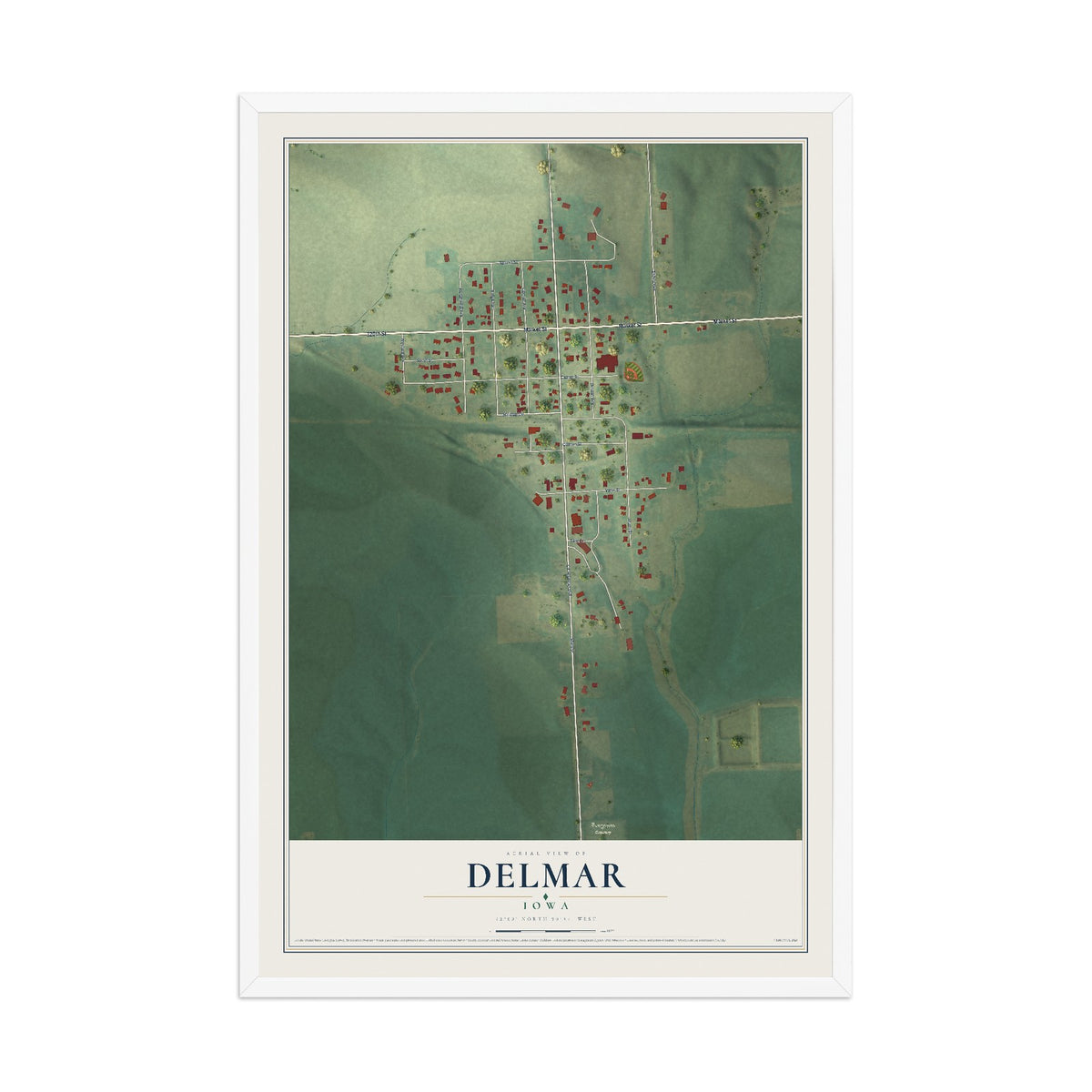 Map of Delmar, Iowa, 12 x 18 inch print in a white wood frame
