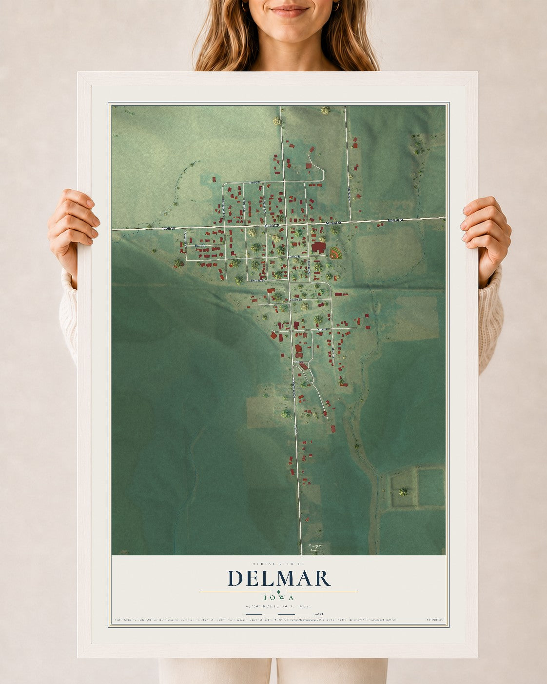 Map of Delmar, Iowa, 24 x 36 inch print in a white wood frame