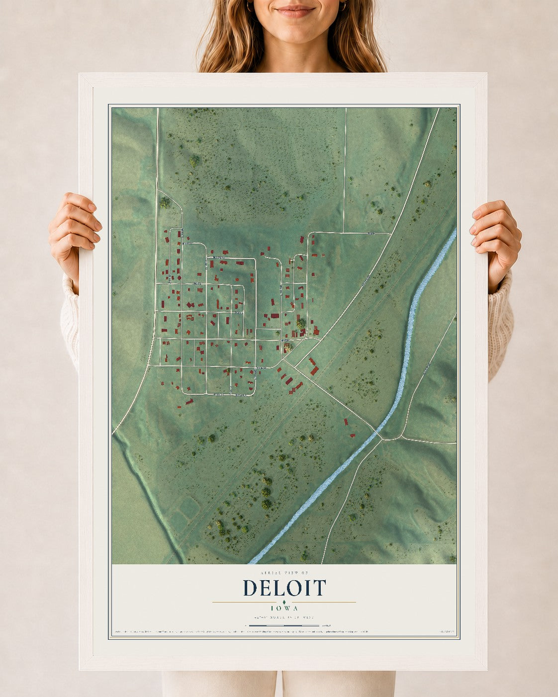 Map of Deloit, Iowa, 24 x 36 inch print in a white wood frame