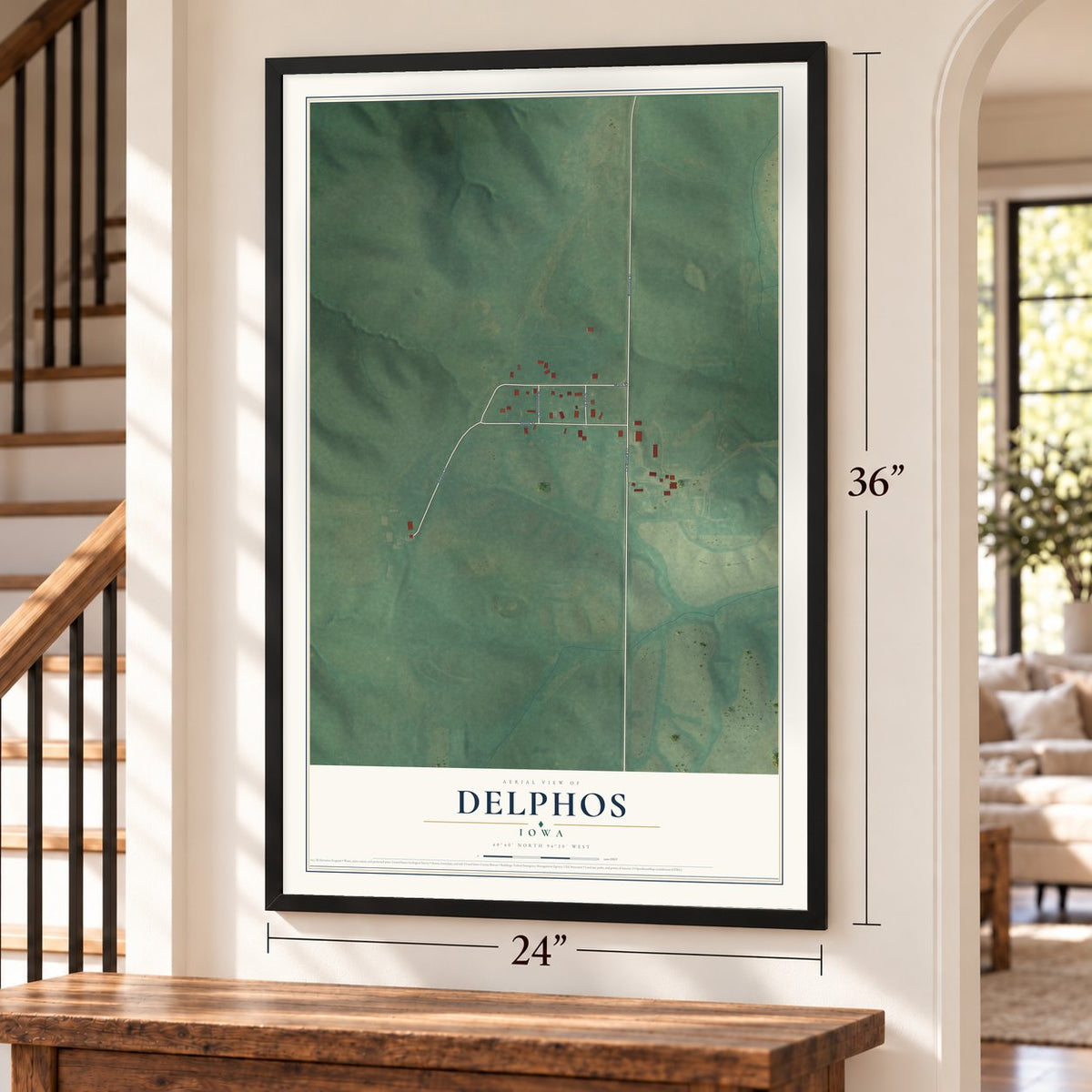 Delphos, Iowa map, 24 x 36 inch print in a black frame by a staircase