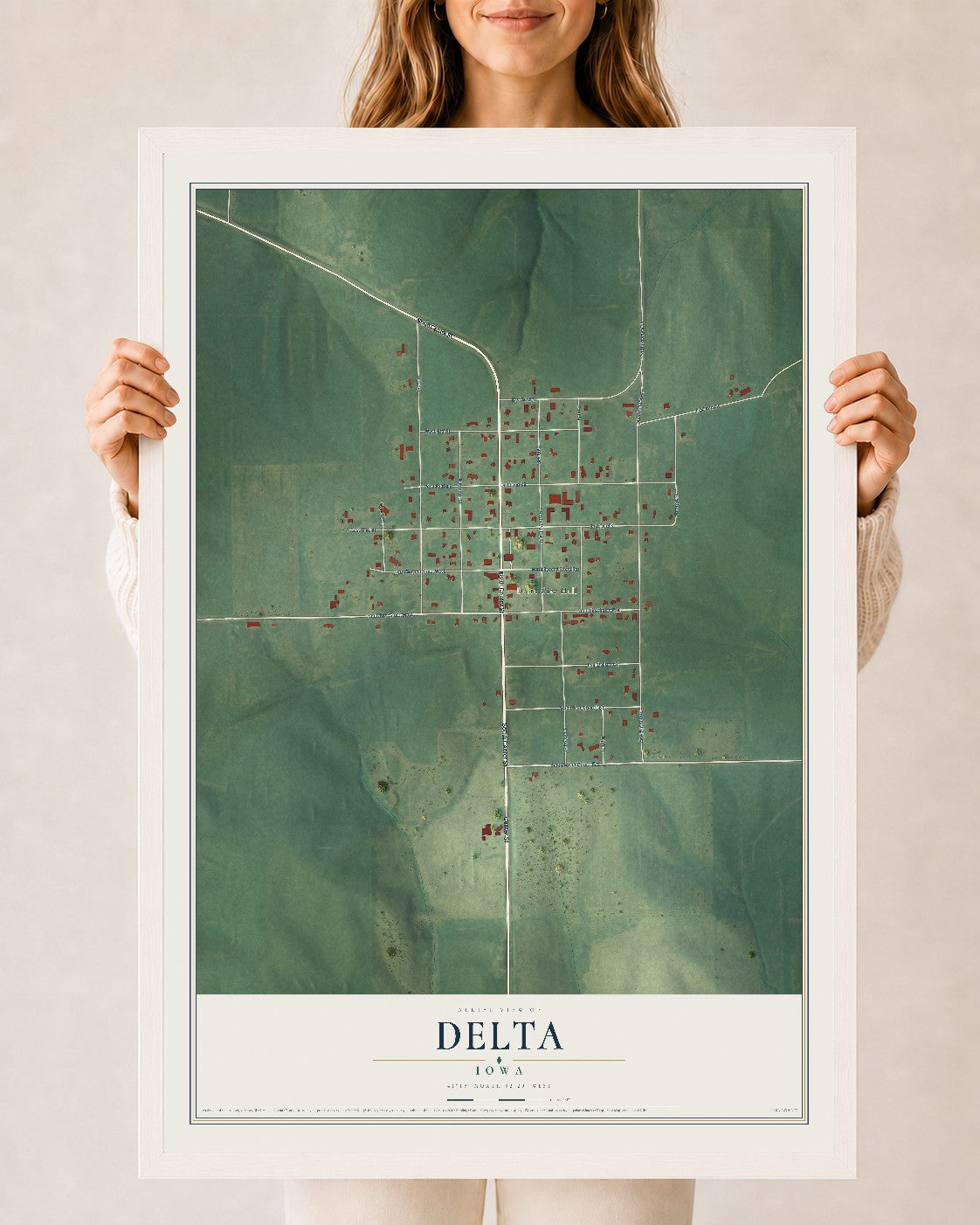 Map of Delta, Iowa, 24 x 36 inch print in a white wood frame