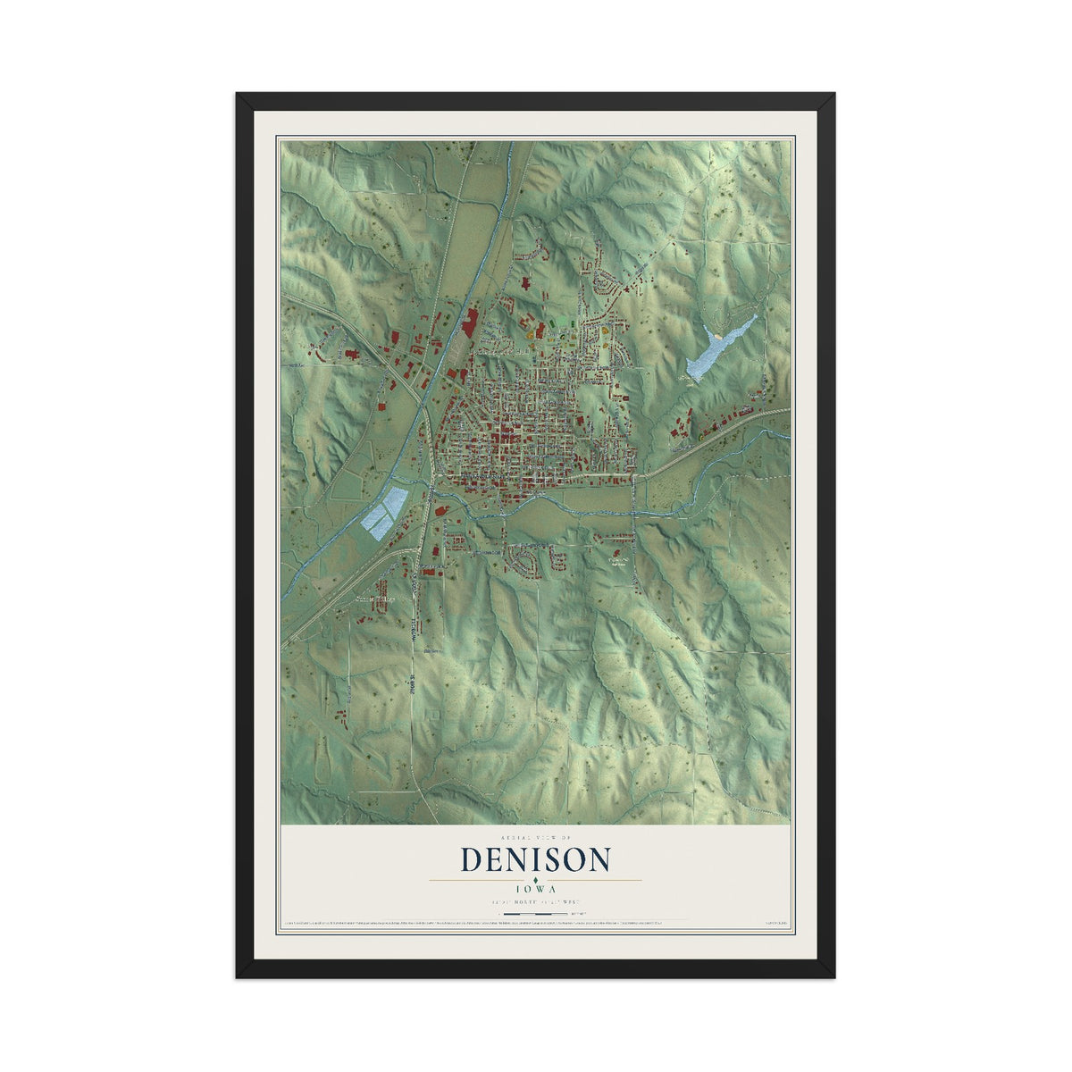 Map of Denison, Iowa, 12 x 18 inch print in a black wood frame