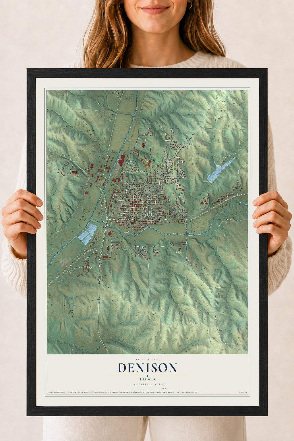 Map of Denison, Iowa, 18 x 24 inch print in a black wood frame