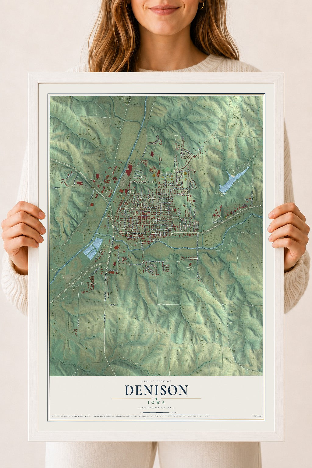 Map of Denison, Iowa, 18 x 24 inch print in a white wood frame