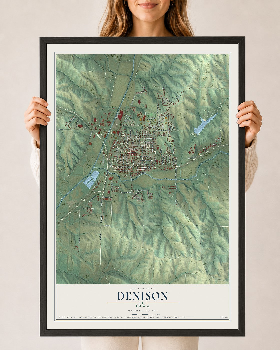 Map of Denison, Iowa, 24 x 36 inch print in a black wood frame