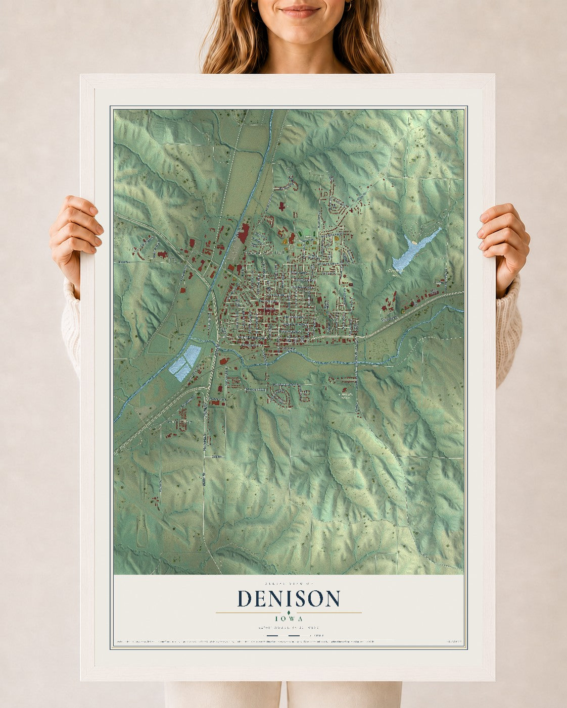 Map of Denison, Iowa, 24 x 36 inch print in a white wood frame