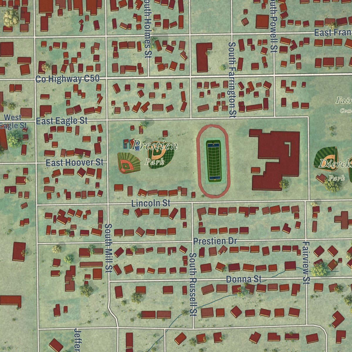 Close-up of the map of Denver, Iowa print showing street and building detail