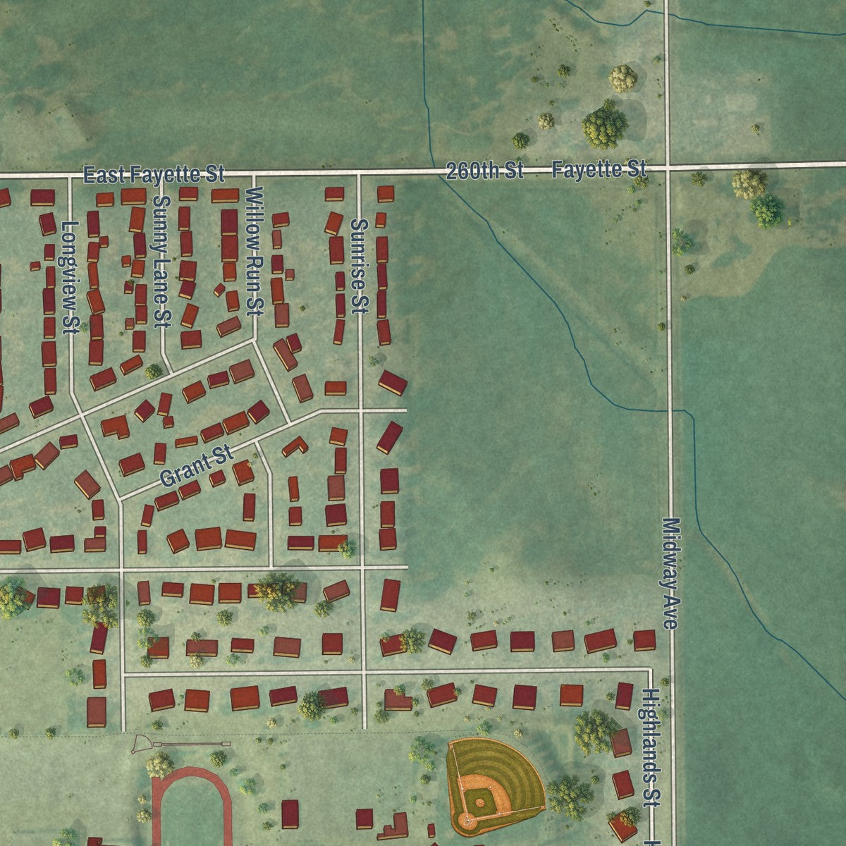 Second close-up of the map of Denver, Iowa print showing more streets and buildings