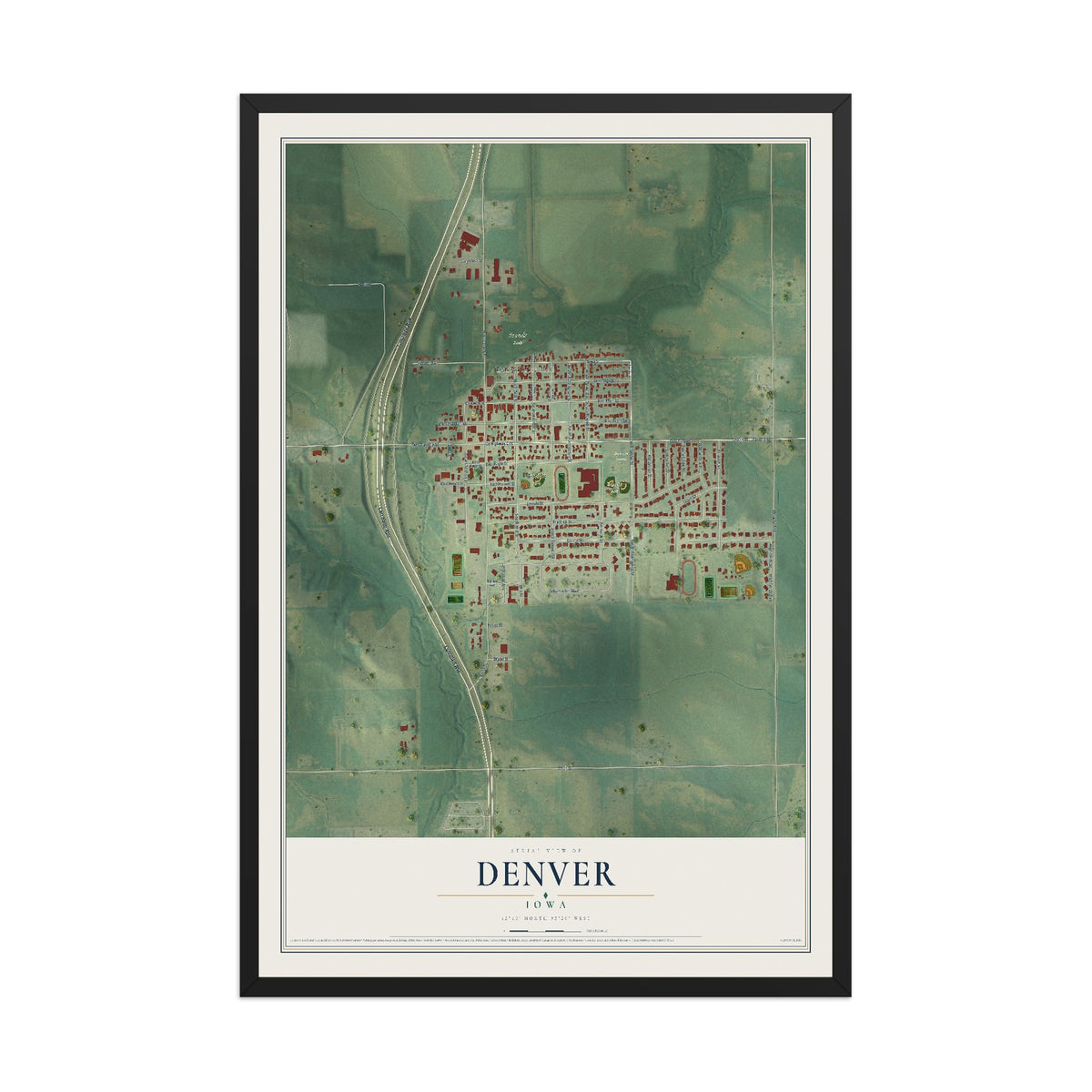 Map of Denver, Iowa, 12 x 18 inch print in a black wood frame
