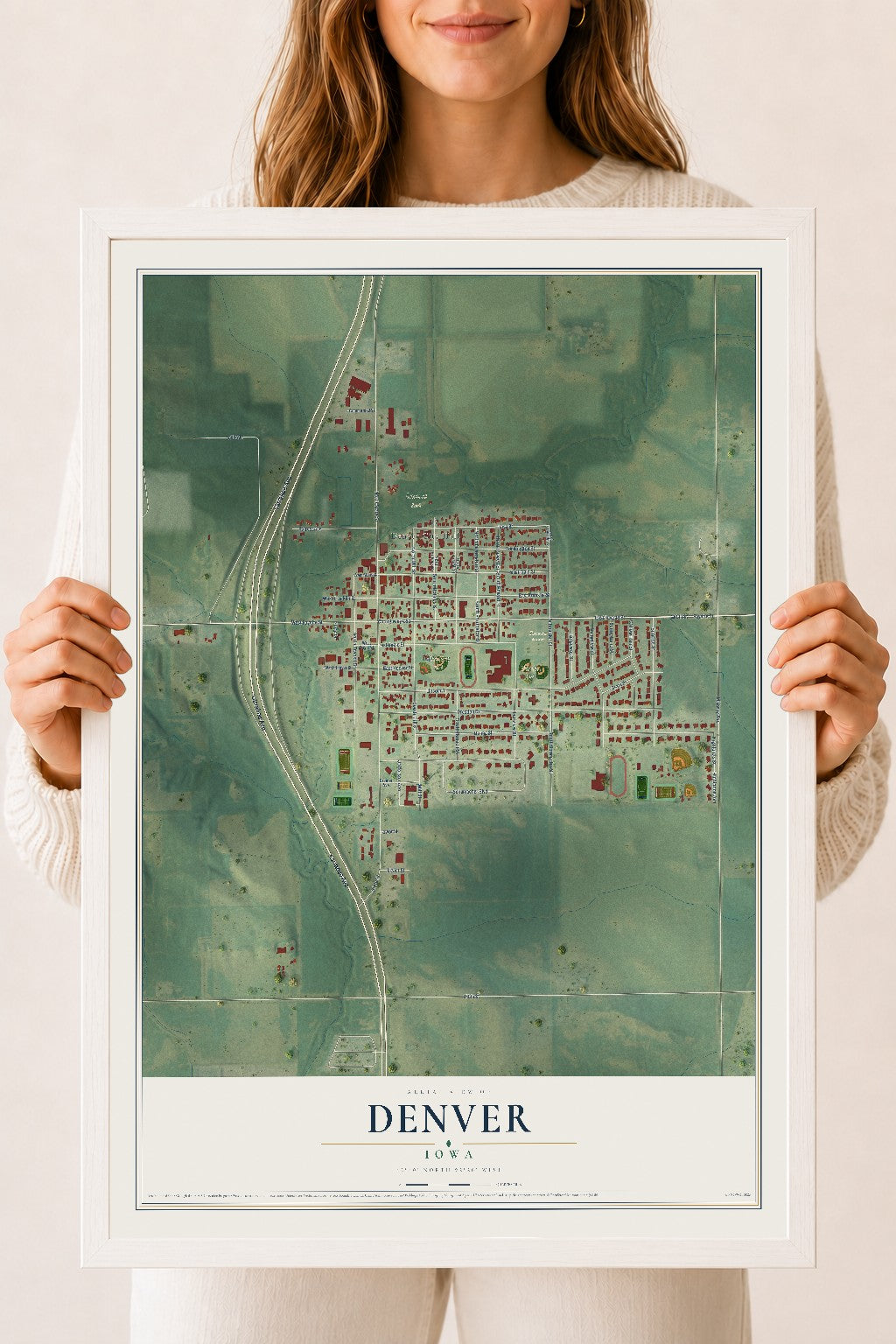 Map of Denver, Iowa, 18 x 24 inch print in a white wood frame