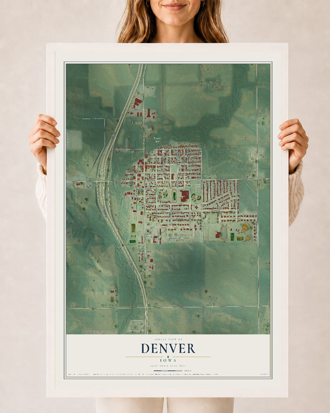Map of Denver, Iowa, 24 x 36 inch print in a white wood frame
