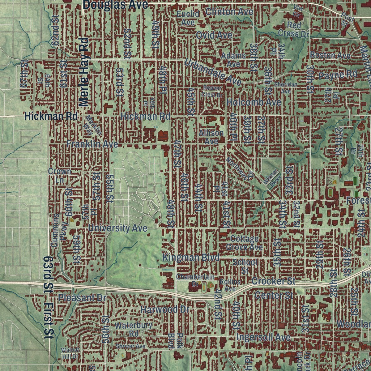 Close-up of the map of Des Moines, Iowa print showing street and building detail