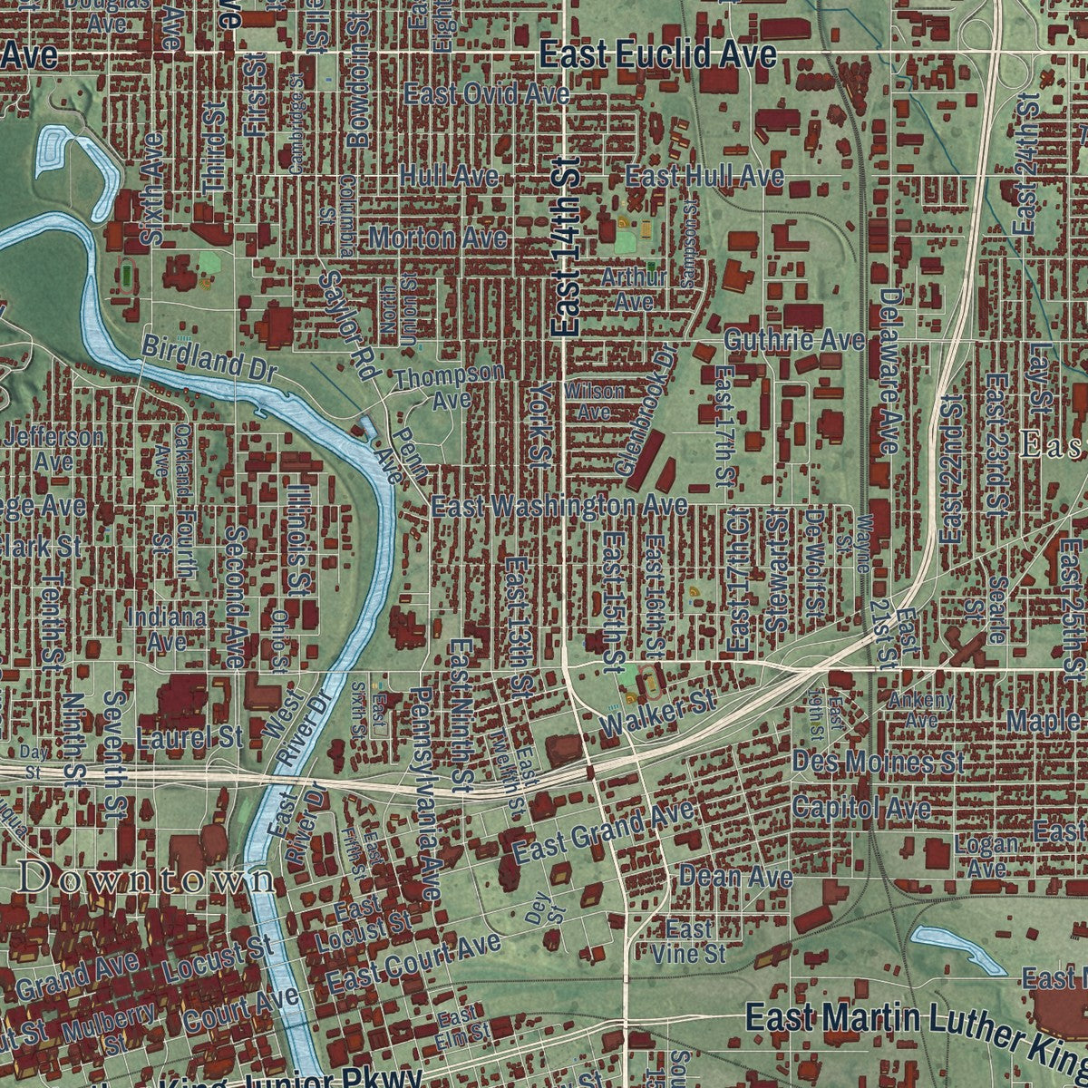 Second close-up of the map of Des Moines, Iowa print showing more streets and buildings