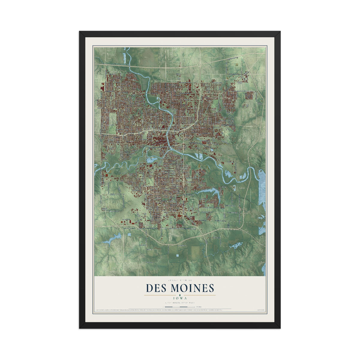Map of Des Moines, Iowa, 12 x 18 inch print in a black wood frame