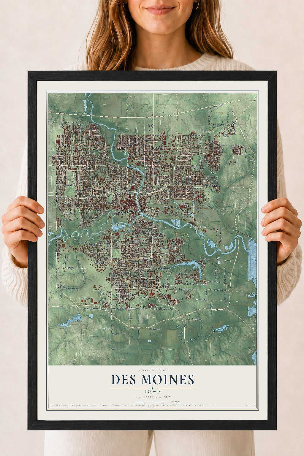 Map of Des Moines, Iowa, 18 x 24 inch print in a black wood frame