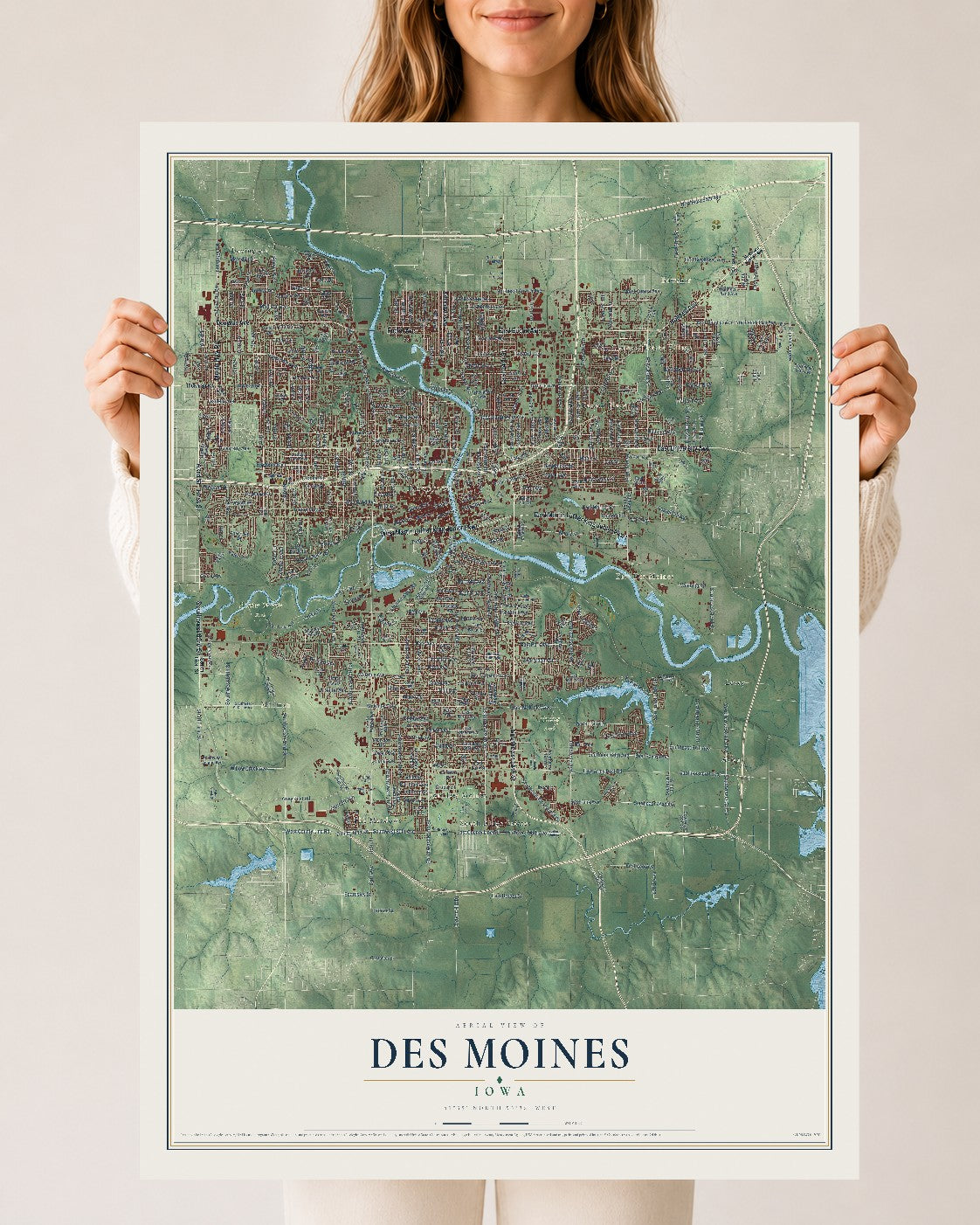 Map of Des Moines, Iowa, 24 x 36 inch unframed archival matte print