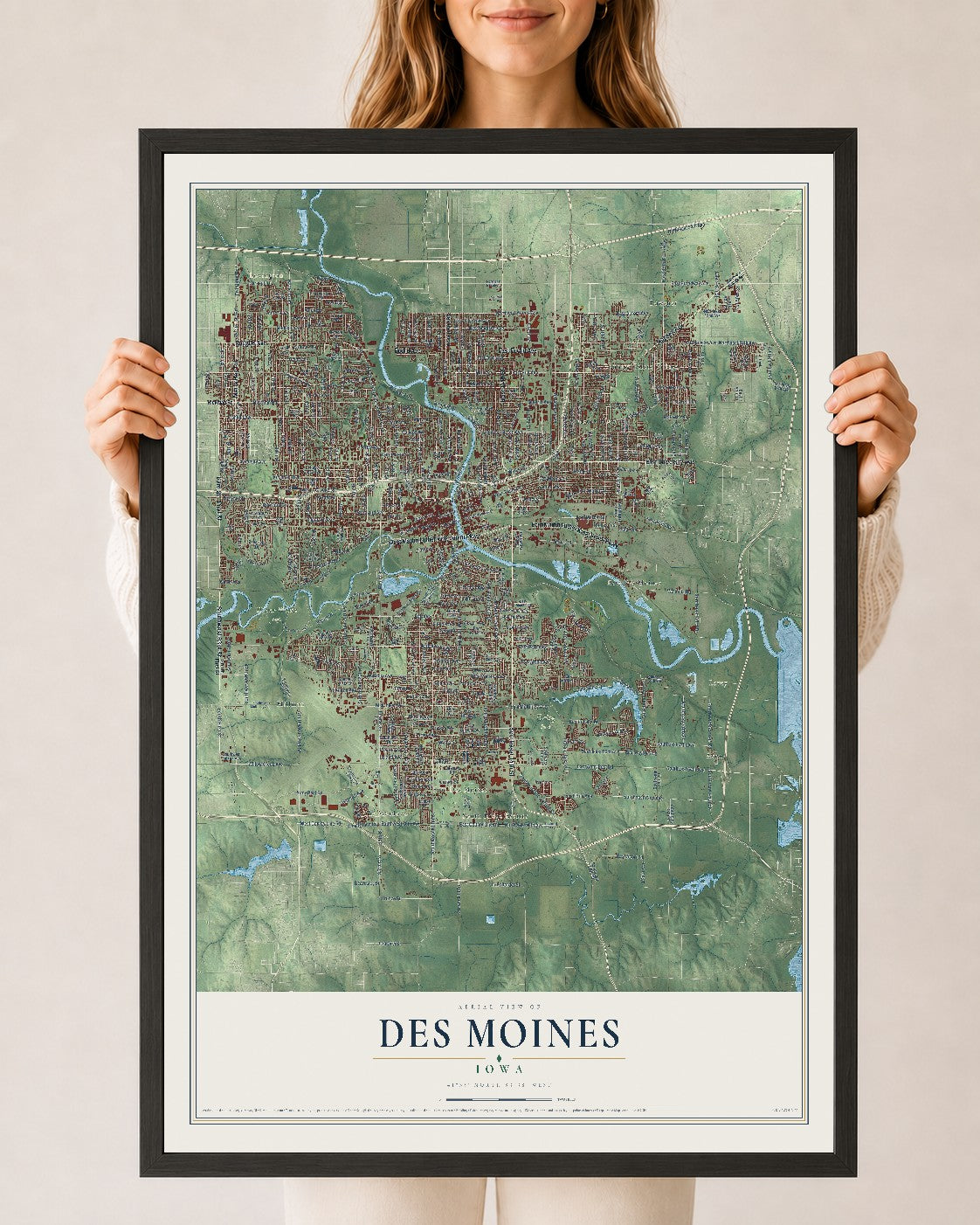 Map of Des Moines, Iowa, 24 x 36 inch print in a black wood frame