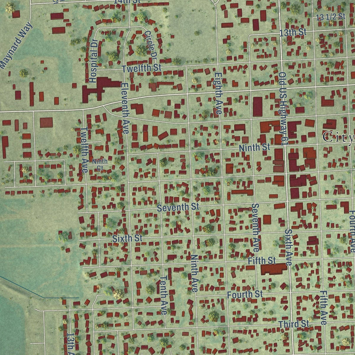 Close-up of the map of DeWitt, Iowa print showing street and building detail