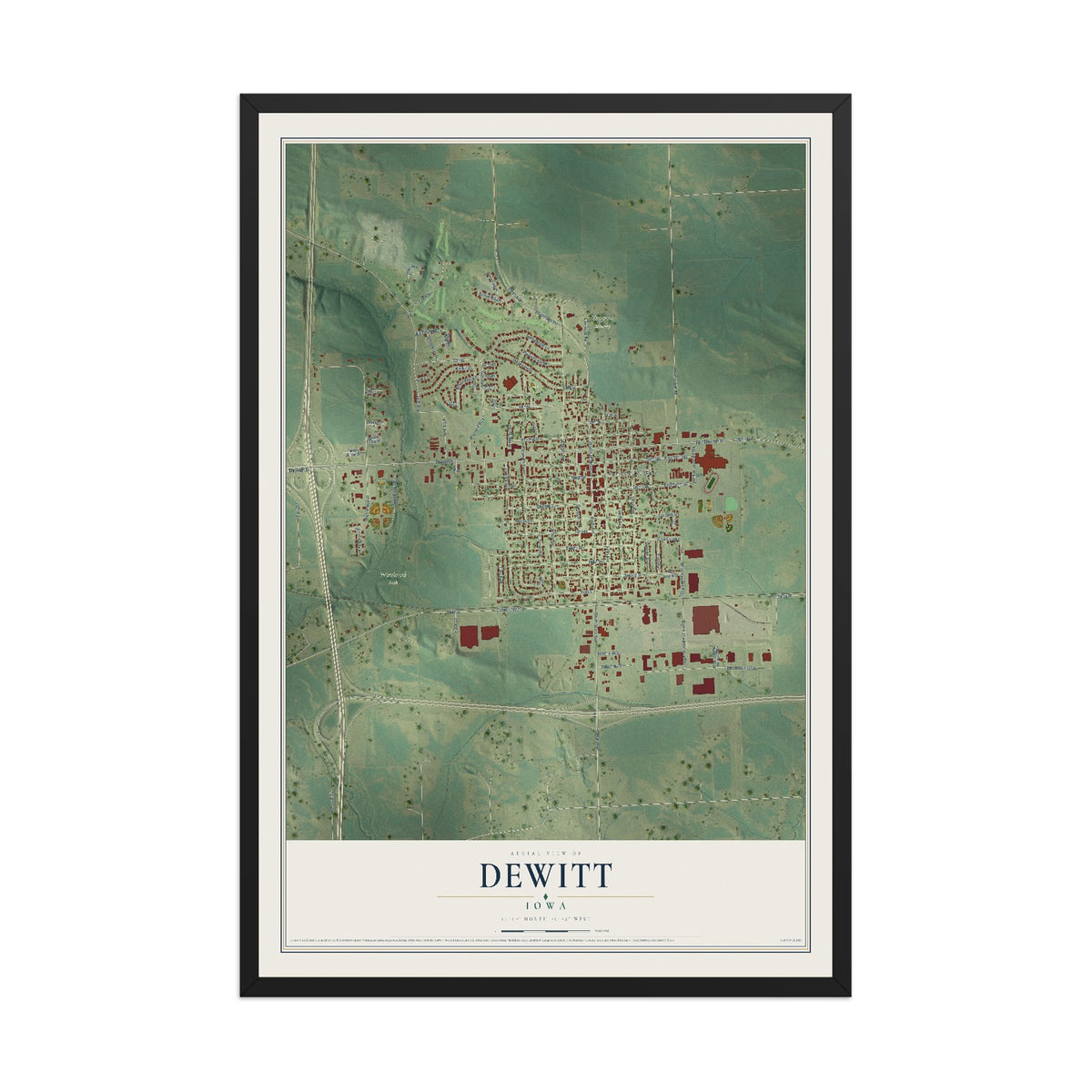 Map of DeWitt, Iowa, 12 x 18 inch print in a black wood frame