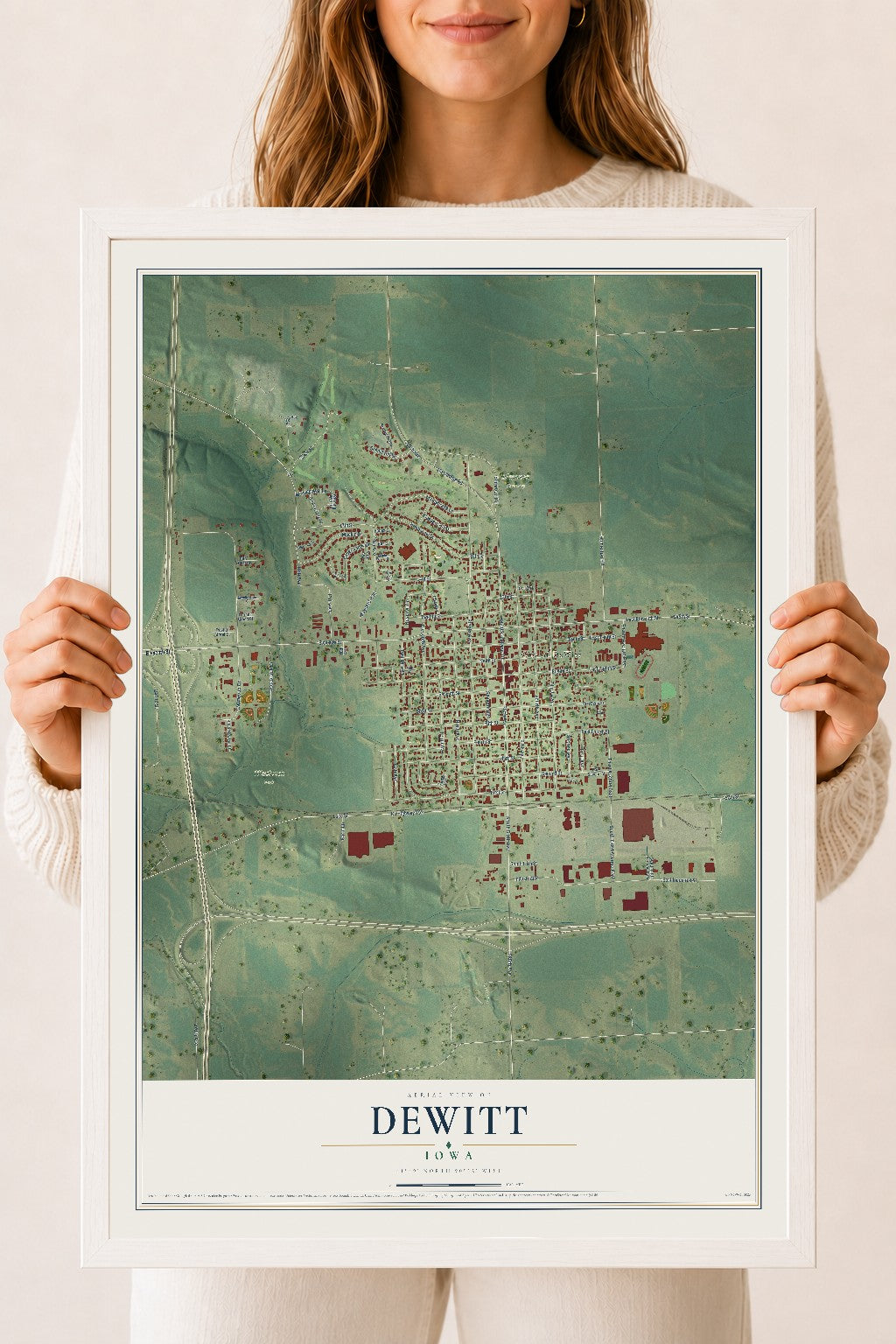 Map of DeWitt, Iowa, 18 x 24 inch print in a white wood frame