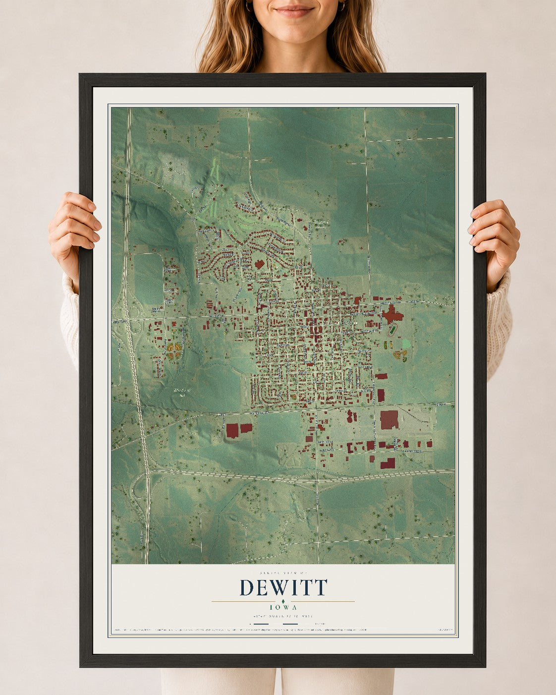 Map of DeWitt, Iowa, 24 x 36 inch print in a black wood frame