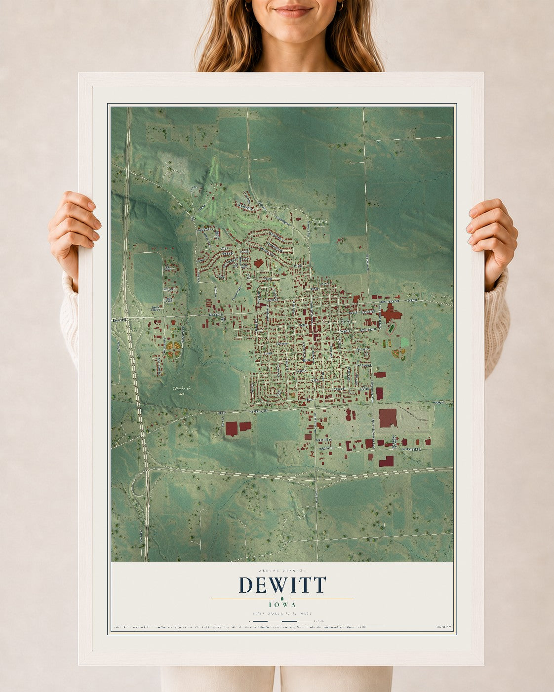 Map of DeWitt, Iowa, 24 x 36 inch print in a white wood frame