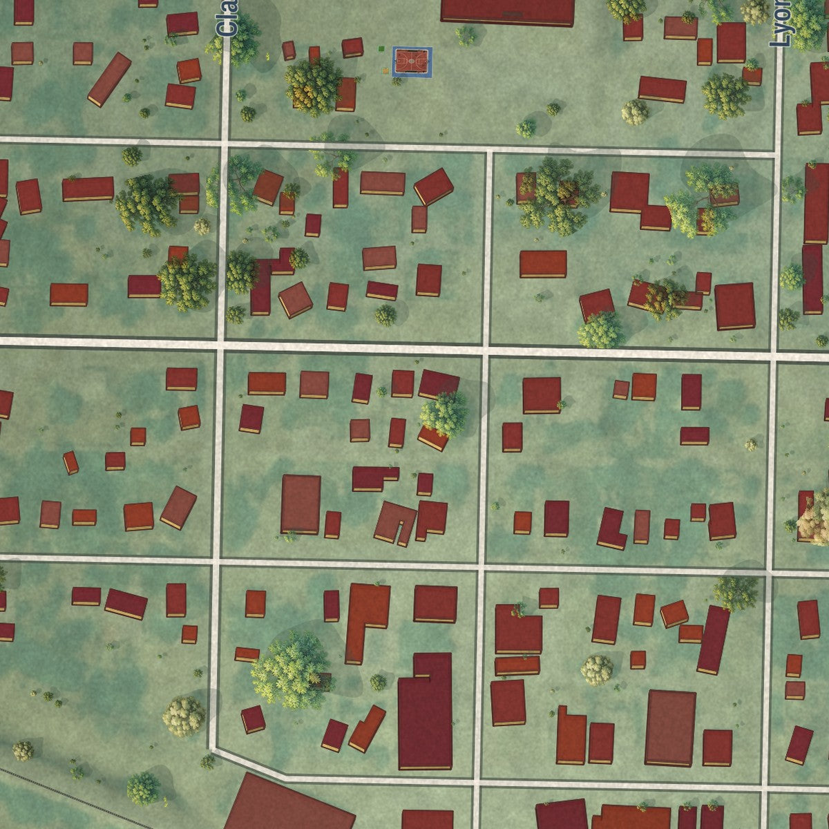 Close-up of the map of Dexter, Iowa print showing street and building detail