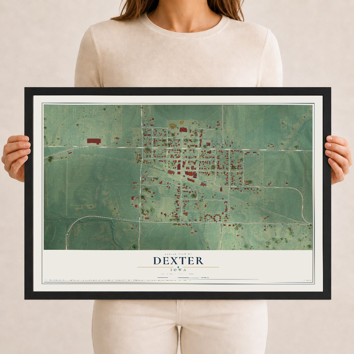 Map of Dexter, Iowa, 12 x 18 inch print in a black wood frame