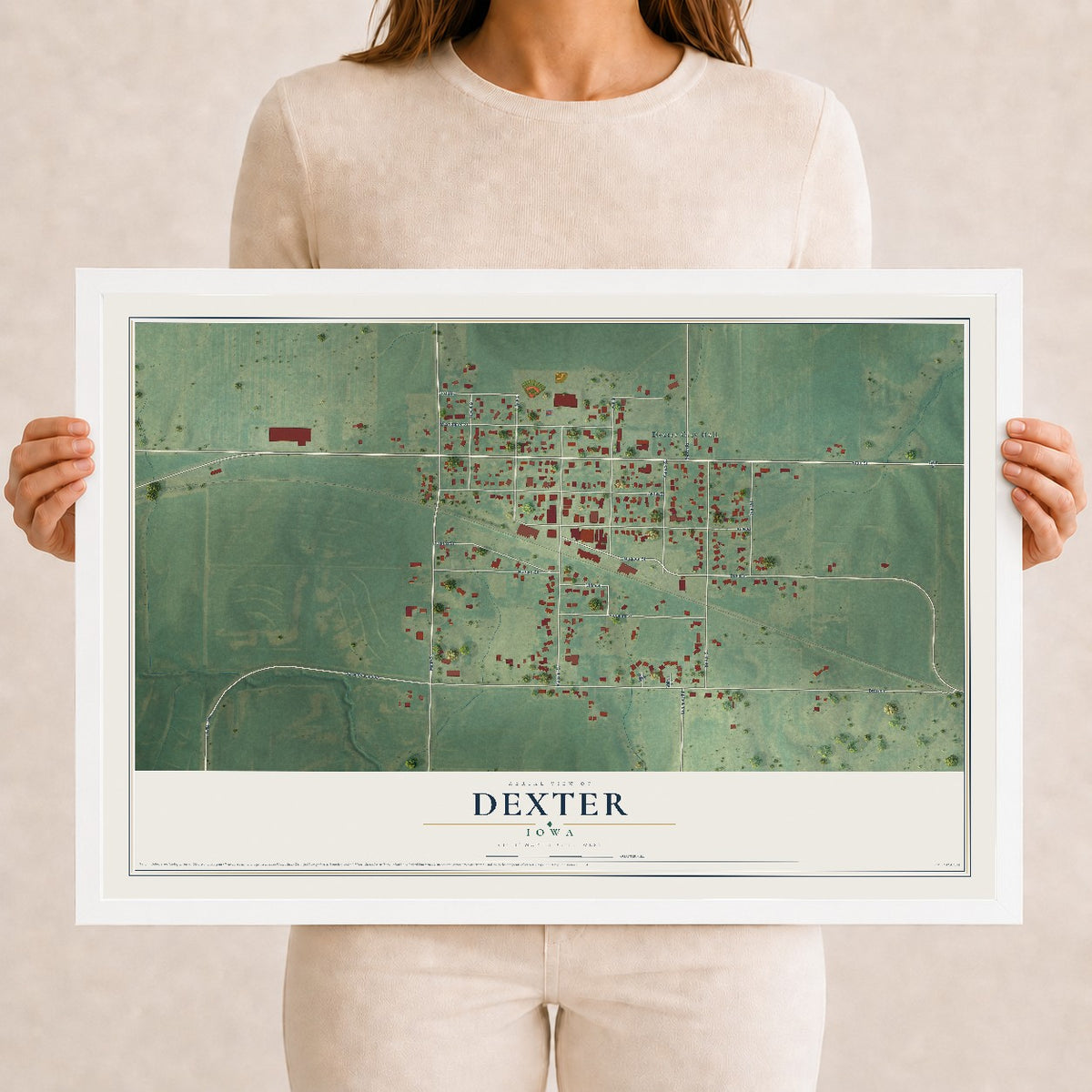 Map of Dexter, Iowa, 12 x 18 inch print in a white wood frame