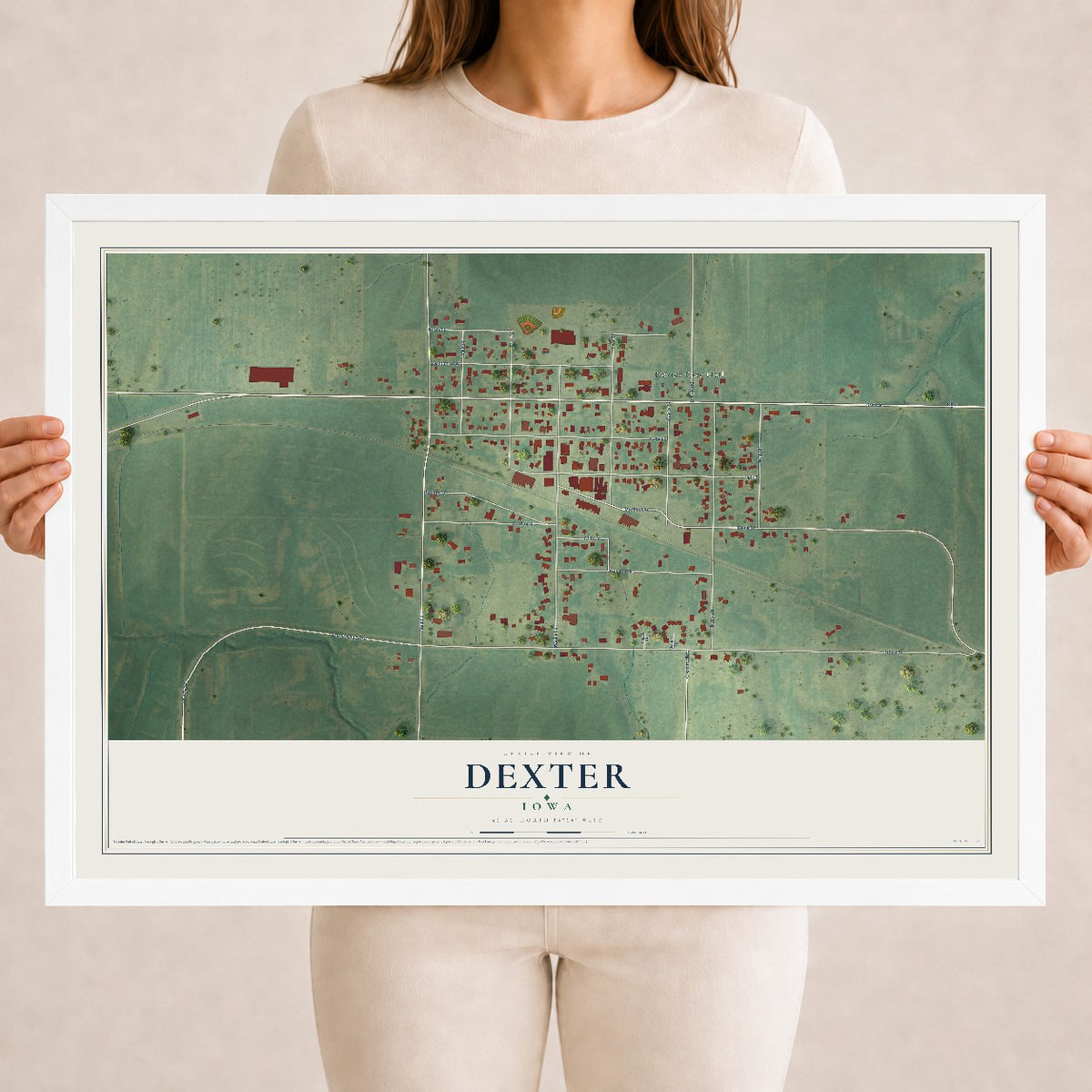 Map of Dexter, Iowa, 18 x 24 inch print in a white wood frame
