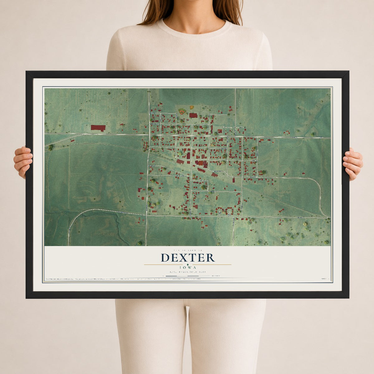 Map of Dexter, Iowa, 24 x 36 inch print in a black wood frame