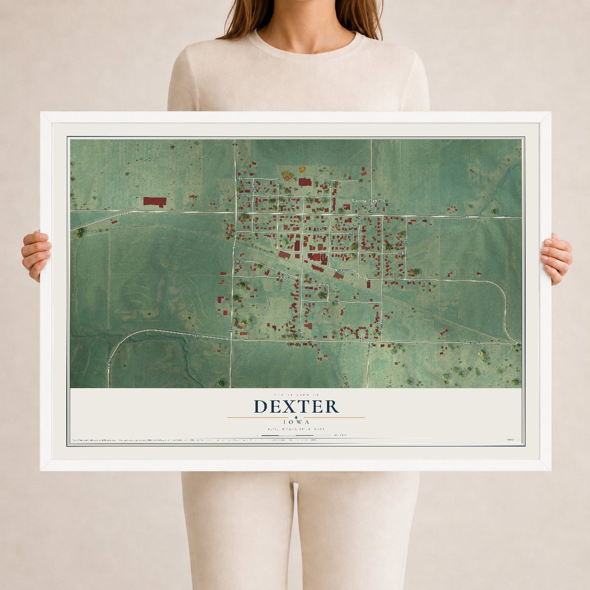 Map of Dexter, Iowa, 24 x 36 inch print in a white wood frame