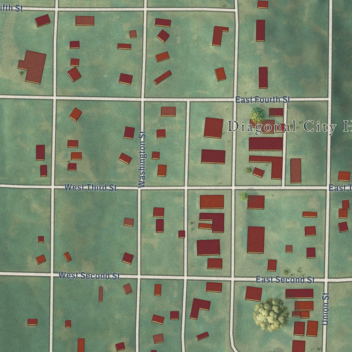 Close-up of the map of Diagonal, Iowa print showing street and building detail