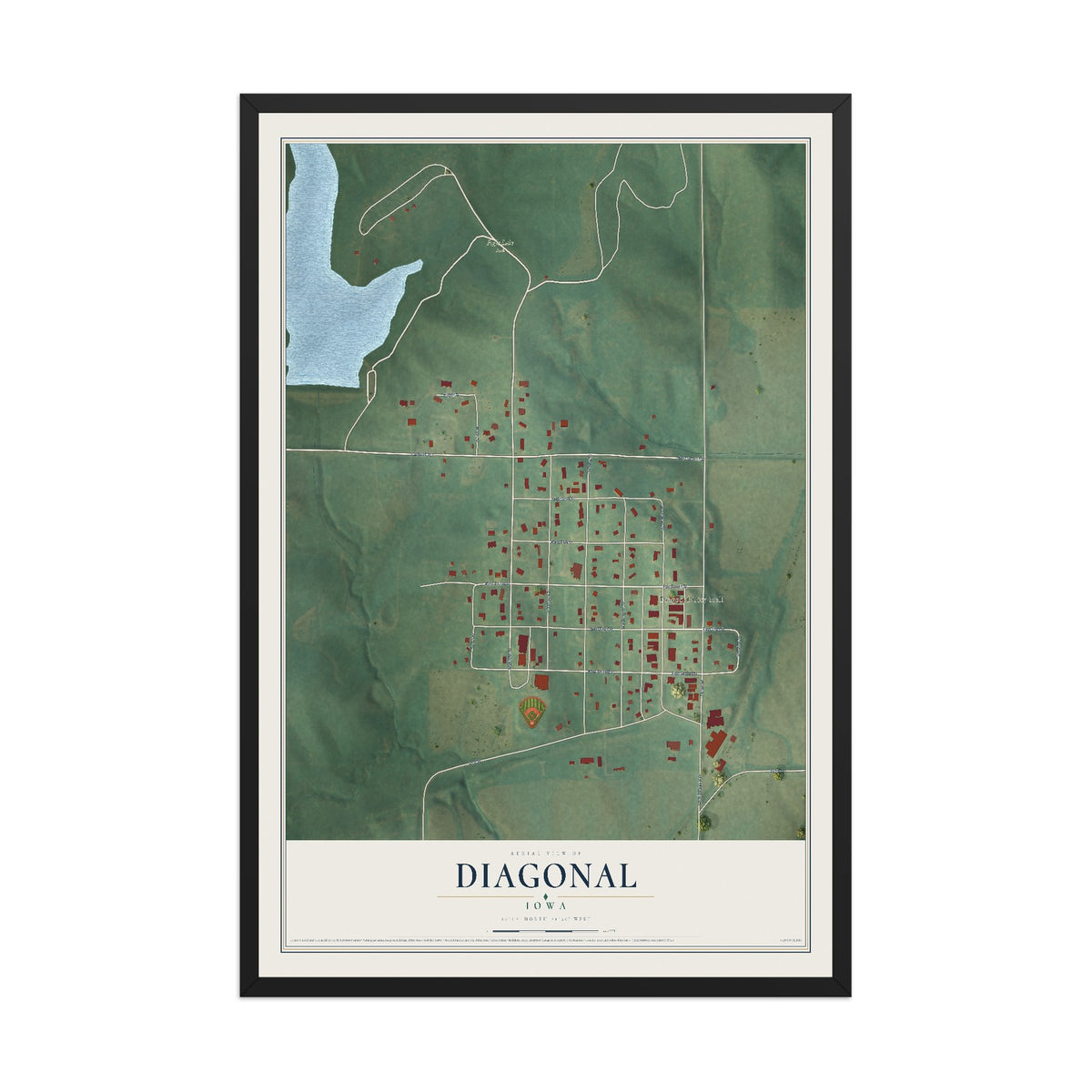 Map of Diagonal, Iowa, 12 x 18 inch print in a black wood frame
