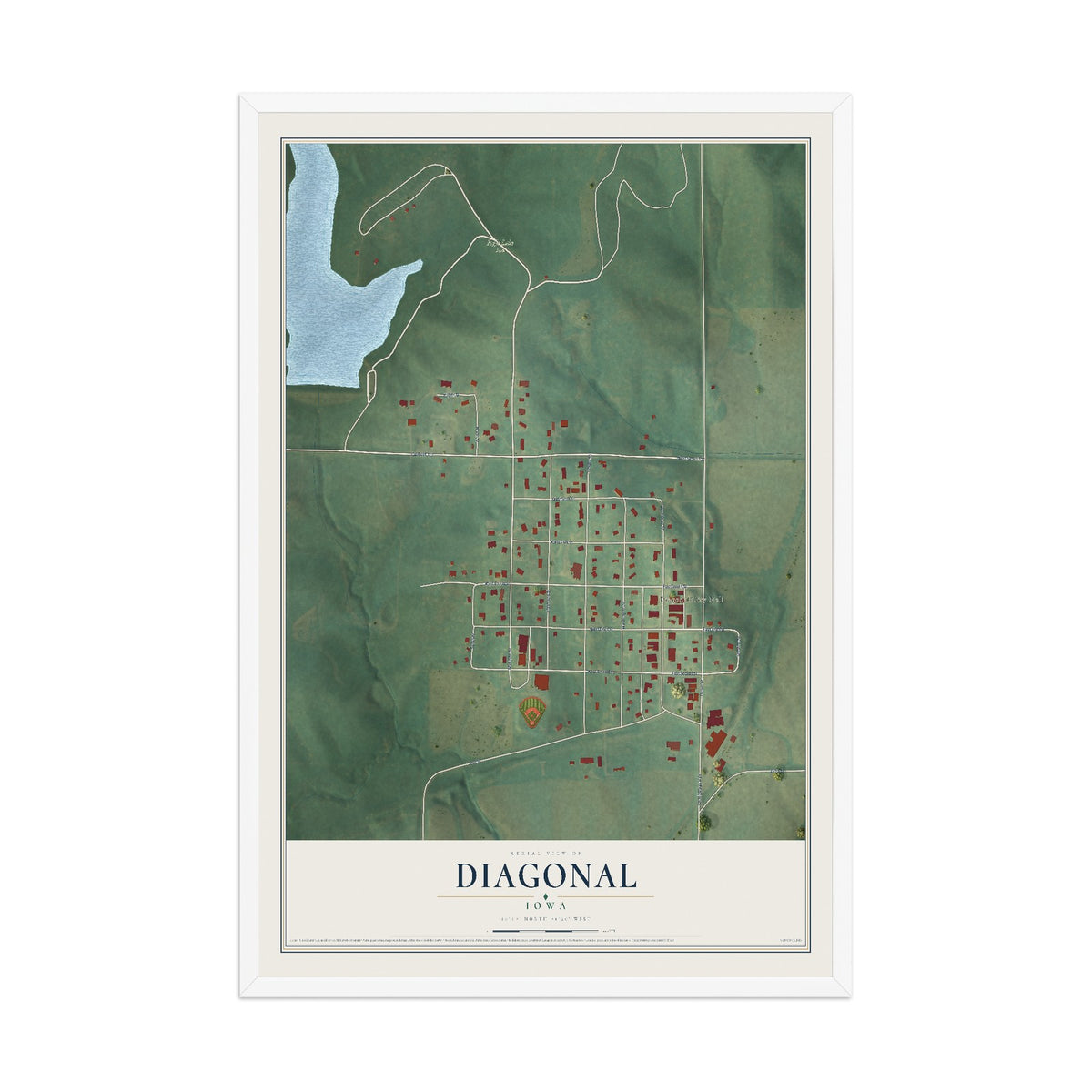 Map of Diagonal, Iowa, 12 x 18 inch print in a white wood frame