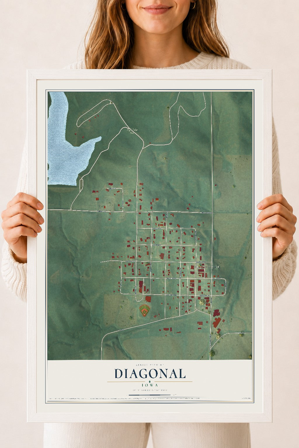 Map of Diagonal, Iowa, 18 x 24 inch print in a white wood frame