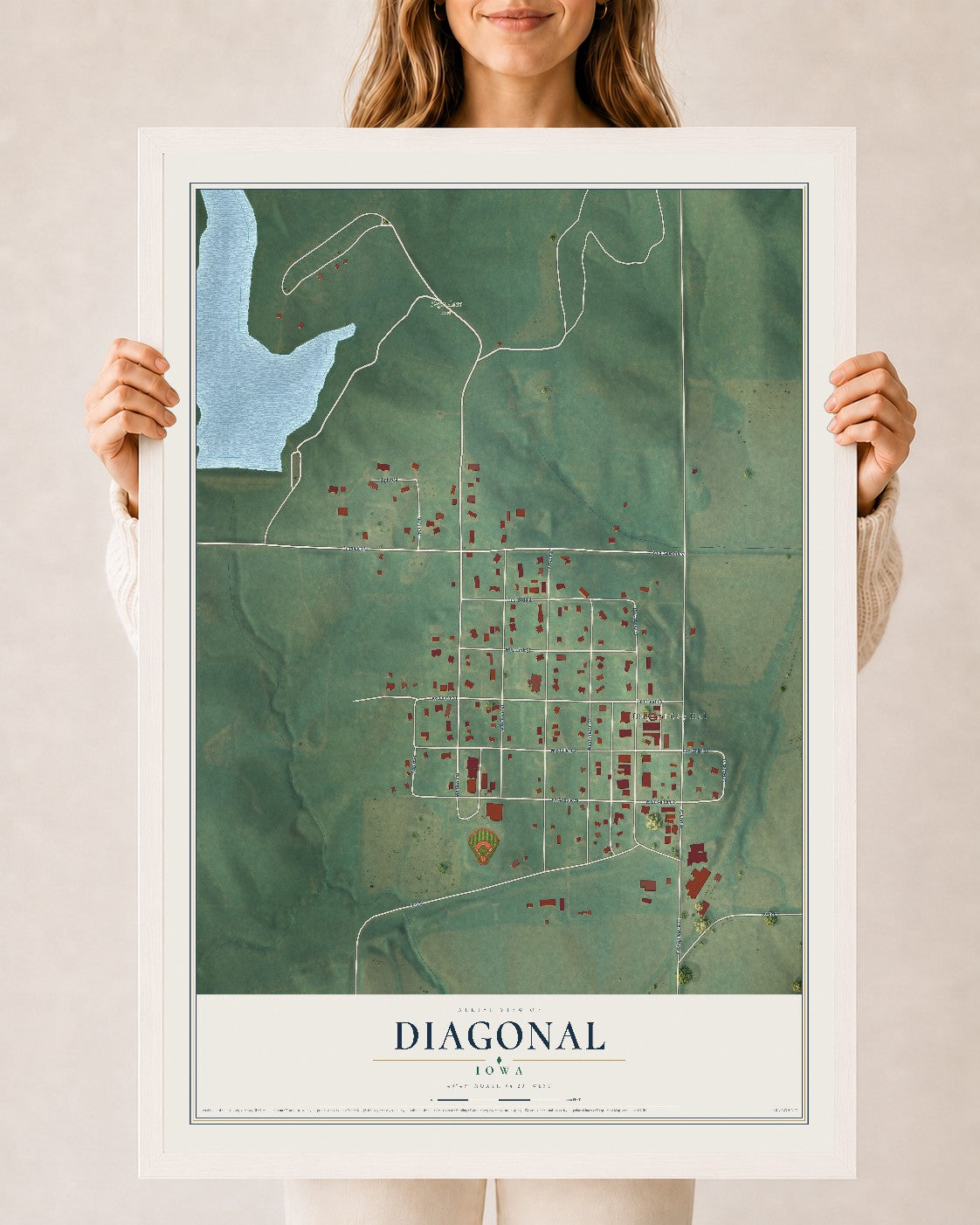 Map of Diagonal, Iowa, 24 x 36 inch print in a white wood frame